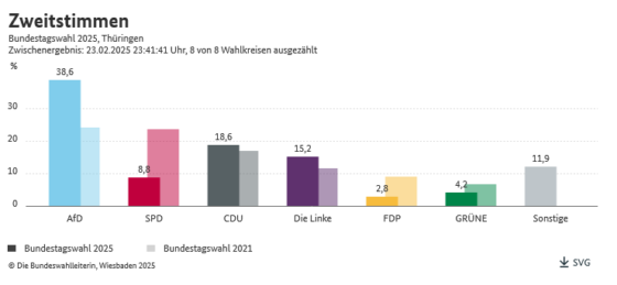 Ergebnis der Bundestagswahl für Thüringen 2025: Die AfD kratzt an der 40%-Hürde