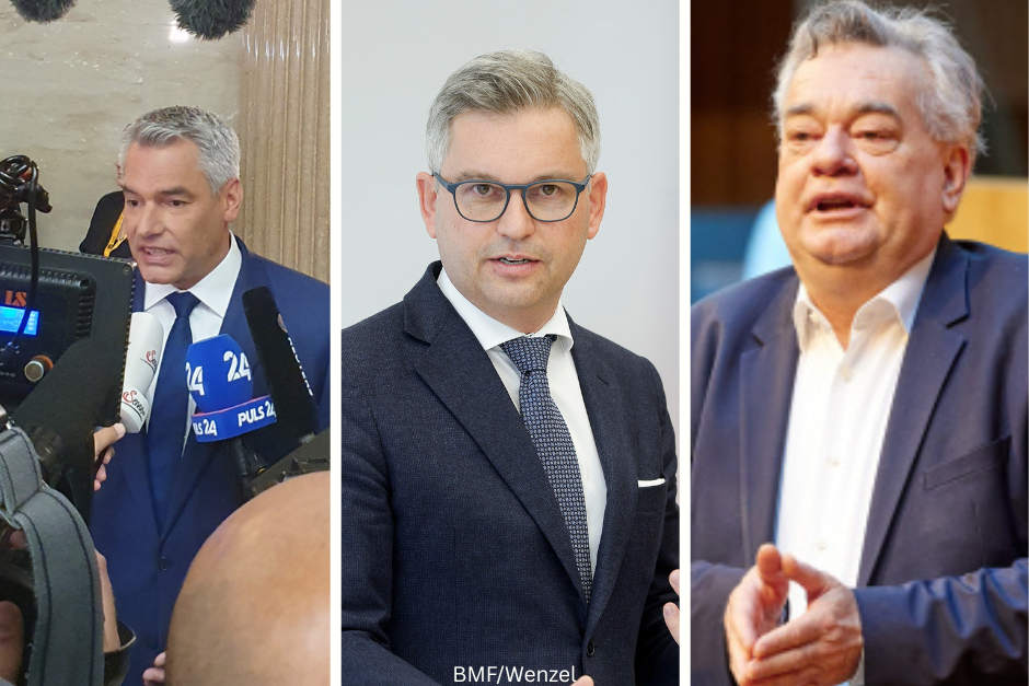 Die Verantwortlichen für das Rekorddefizit: Nehammer, Brunner und Kogler